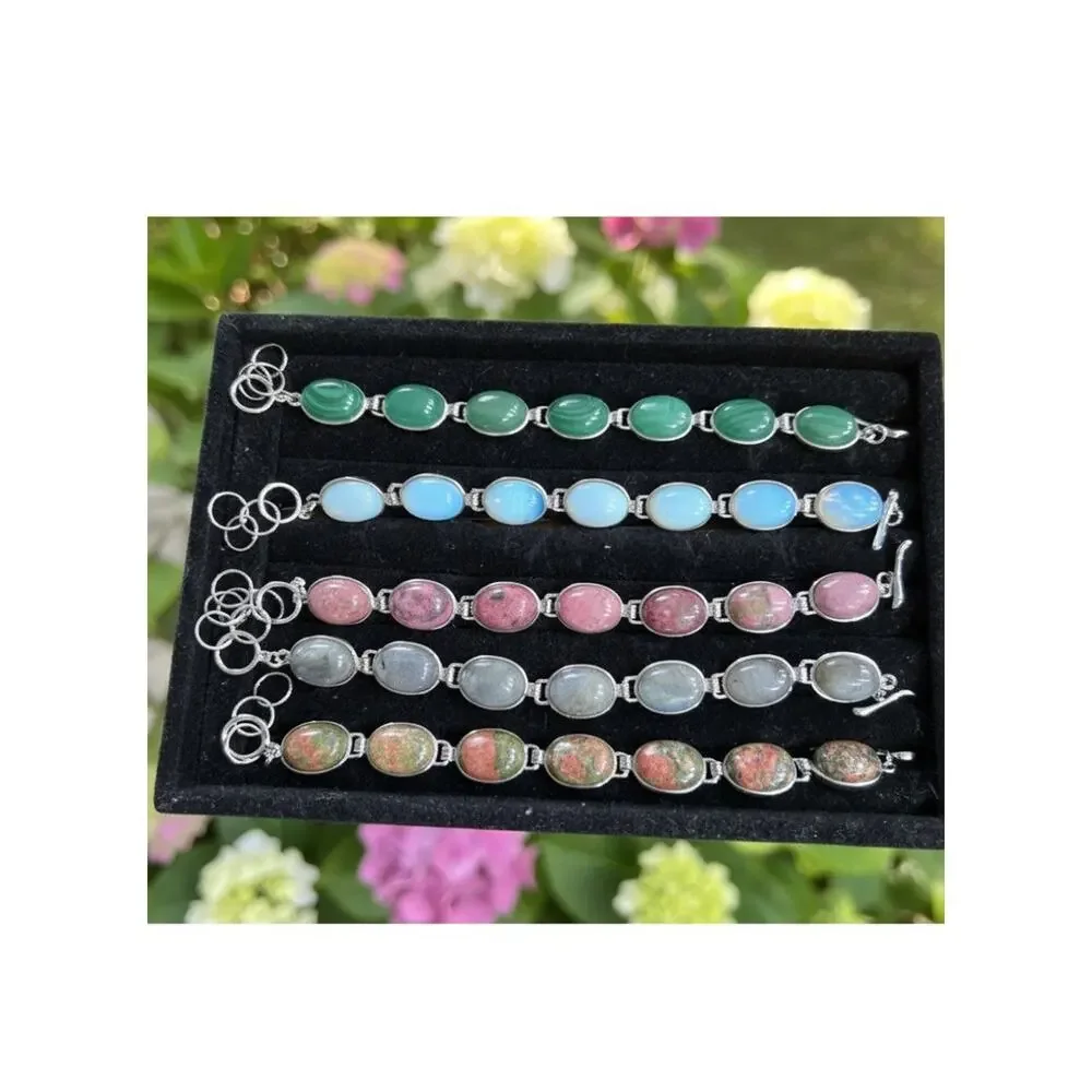 Lot 5 Boho gemstone Costume Stone beaded Bracelets Silvertone adjustable